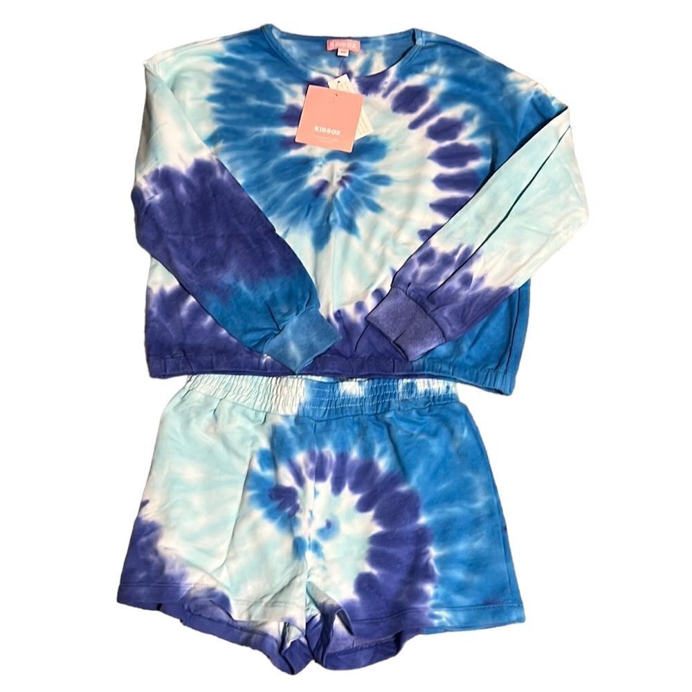 Girls Outfit Size L/M Blue Tie Dye Long Sleeve Shirt Shorts Set KIDBOX NEW